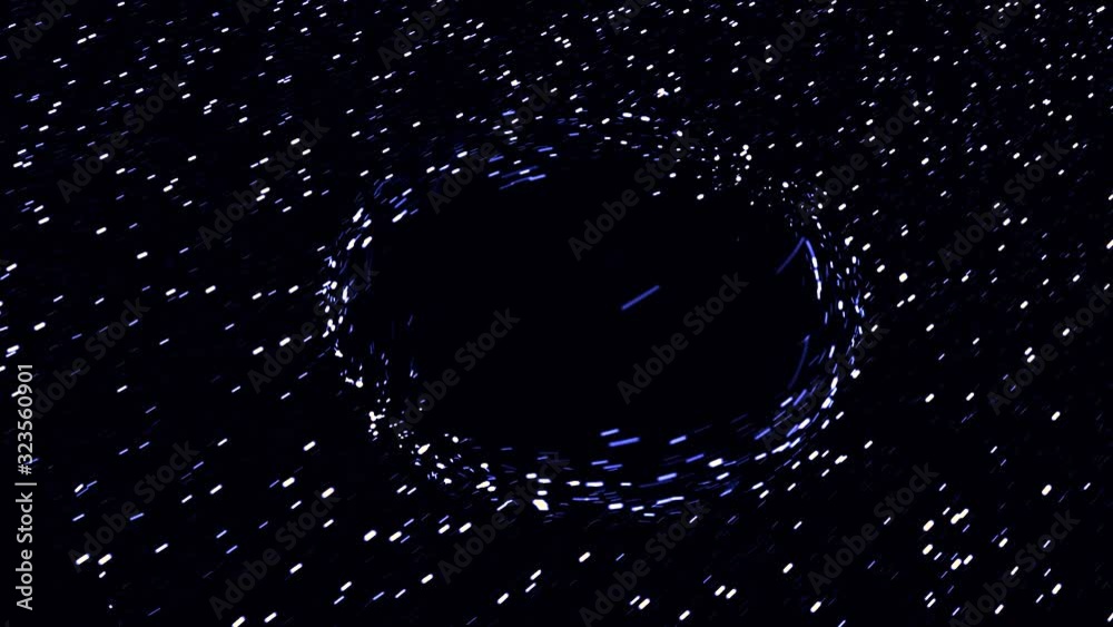 Abstract fast flight of stars in outer space crossing black wormhole, seamless loop. Animation. Cosmic background with a black hole and milky way on black background.