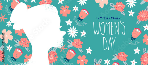 Women's day pink floral web banner with woman face