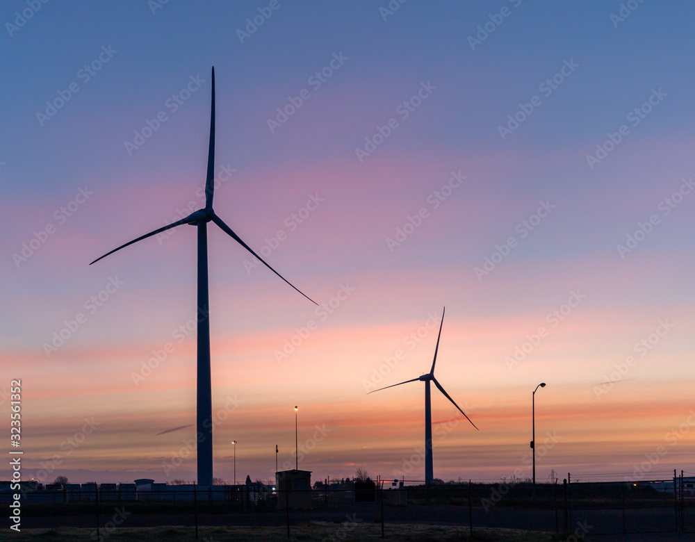 Wind turbines in the early morning sunrise