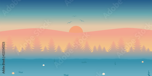 View nature backdrop. Mountain and tree with sunrise on sky.