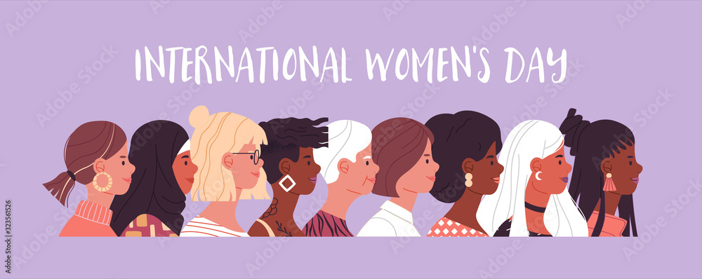 Women's day diverse women cartoon banner - obrazy, fototapety, plakaty 