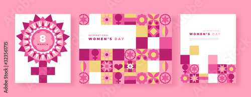 Women's day pink flower geometric mosaic card set