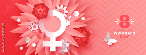 Women's day pink paper craft spring flower banner
