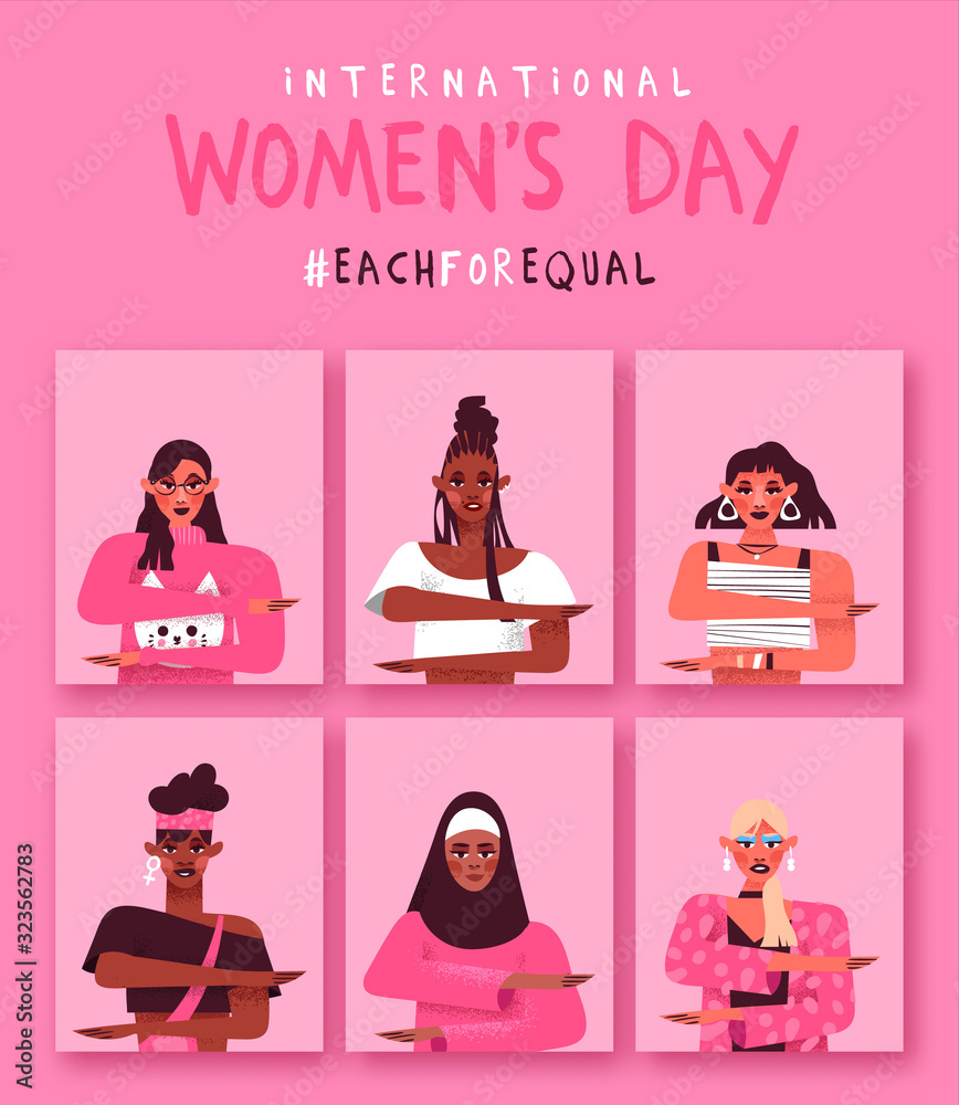 Women's day each for equal diverse woman card set