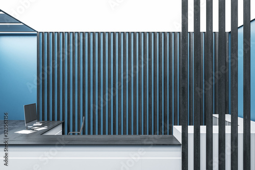 Modern blue office lobby interior with copy space on wall