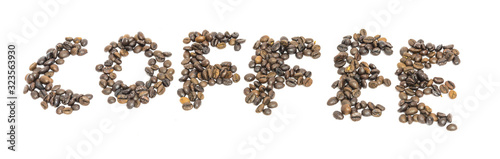 Brown coffee text made from roasted Vietnamese  robusta coffee beans isolated on white