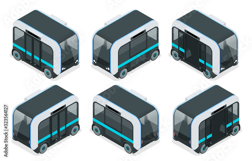 Isometric Unmanned Shuttle Bus. Automated self-driving vehicle system in city.