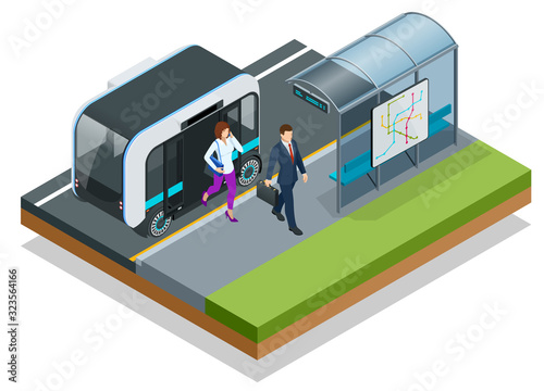 Isometric Unmanned Shuttle Bus. Automated self-driving vehicle system in city.