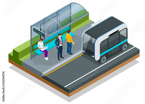 Isometric Unmanned Shuttle Bus. Automated self-driving vehicle system in city.