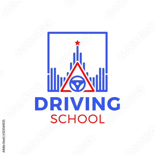 Driving school vector logo. Book, car wheel, road sign and college logo design. Training, vehicle, transport and transportation, vector design and illustration.