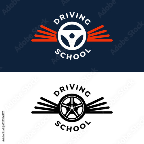 Driving school vector logo. Book, car wheel, wing logo design. Training, vehicle, transport and transportation, vector design and illustration.