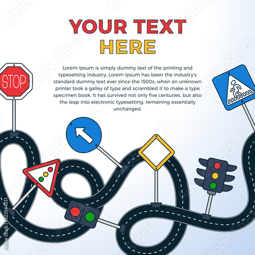 Road Sign Drive School Flyer Banner Posters Card square format Education Driving Rules. Vector illustration.