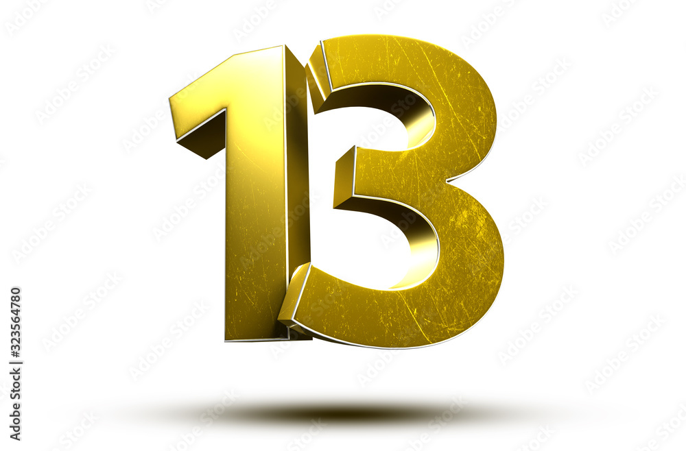 3D illustration Golden number 13 isolated on a white background.(with Clipping Path). 3D illustration Golden number 13 isolated on a white background.(with Clipping Path).
