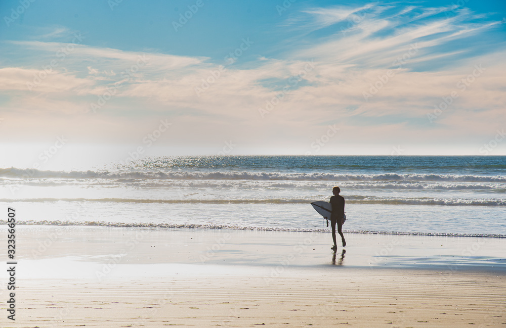 Naklejka premium Surfer on the shore of the famous Pismo beach in California.