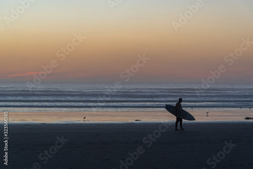 Surfer on the shore of the famous Pismo beach in California. © Overburn