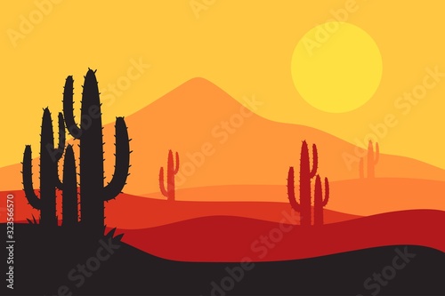 beautiful landscape of desert landscape with cactus mountains, abstract desert background vector illustration template suitable for landing page banner magazin poster