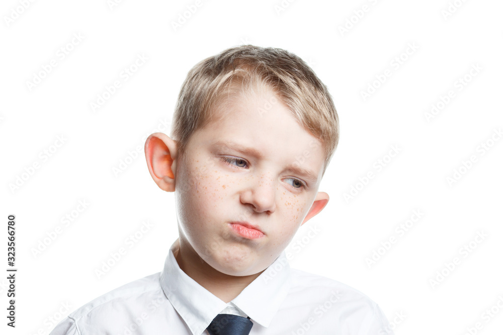 sad boy on isolated background schoolar in uniform sad boy on isolated background schoolar in uniform