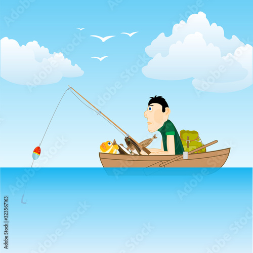 Sea and fisherman in boat goes fishing
