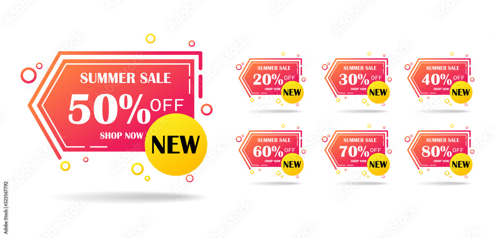 Set of summer sale and special offer label, Price tags,Sales Label. 50, 20, 30,40,60,70 and 80 percent off reduction symbols. Vector illustration. Set of summer sale and special offer label, Price tags,Sales Label. 50, 20, 30,40,60,70 and 80 percent off reduction symbols. Vector illustration.