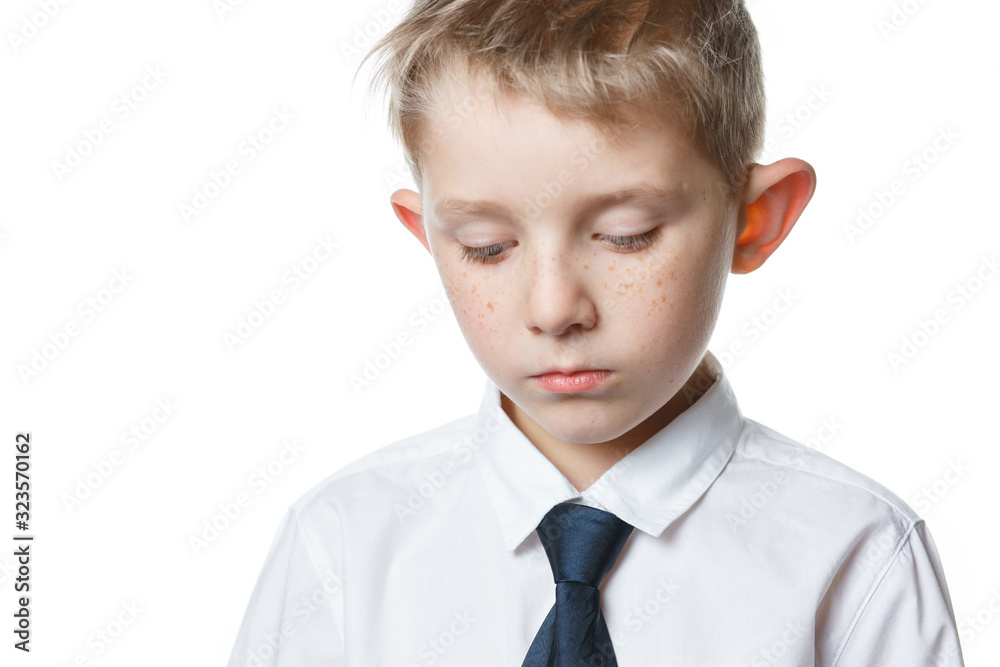 sad boy on isolated background schoolar in uniform sad boy on isolated background schoolar in uniform