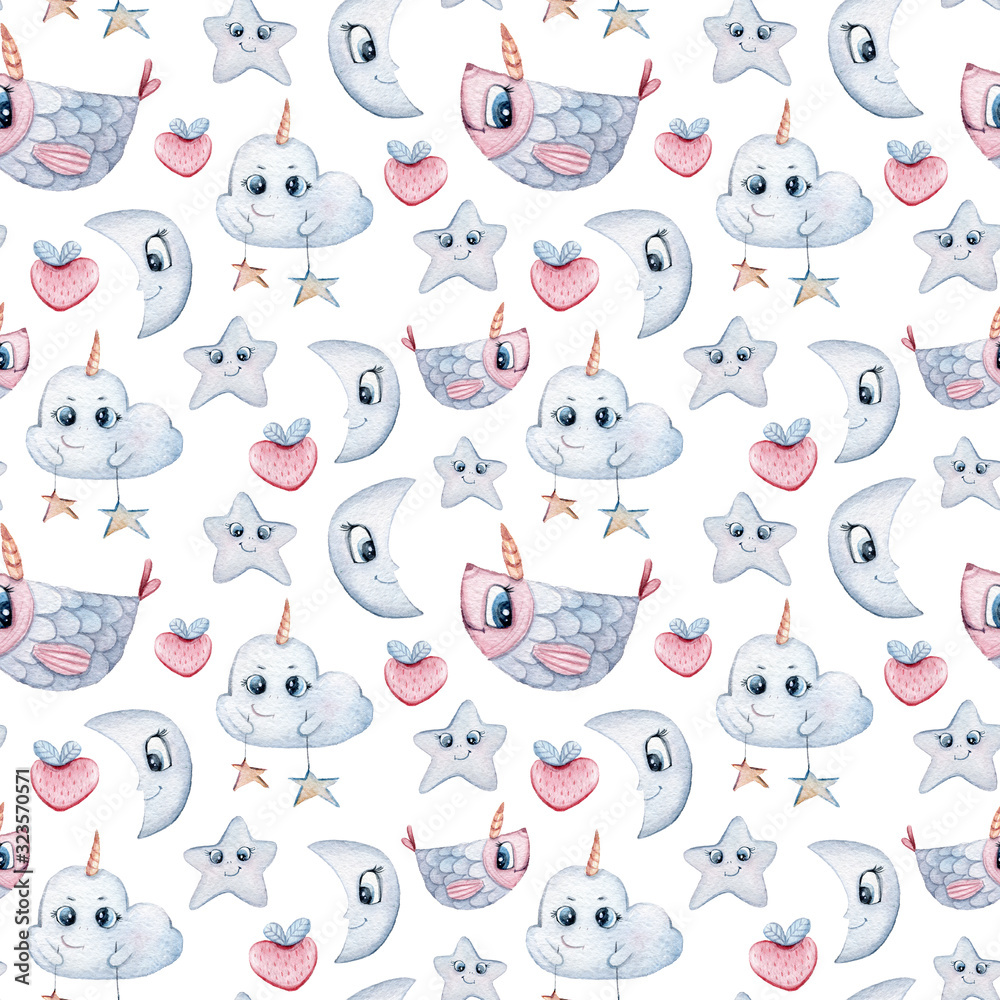 Watercolor hand painted seamless pattern.Unicorns-stars, clouds, moon on white background. Perfect for scrapbooking paper, textile design, fabric, wallpaper, wrapping paper, wedding decoration	