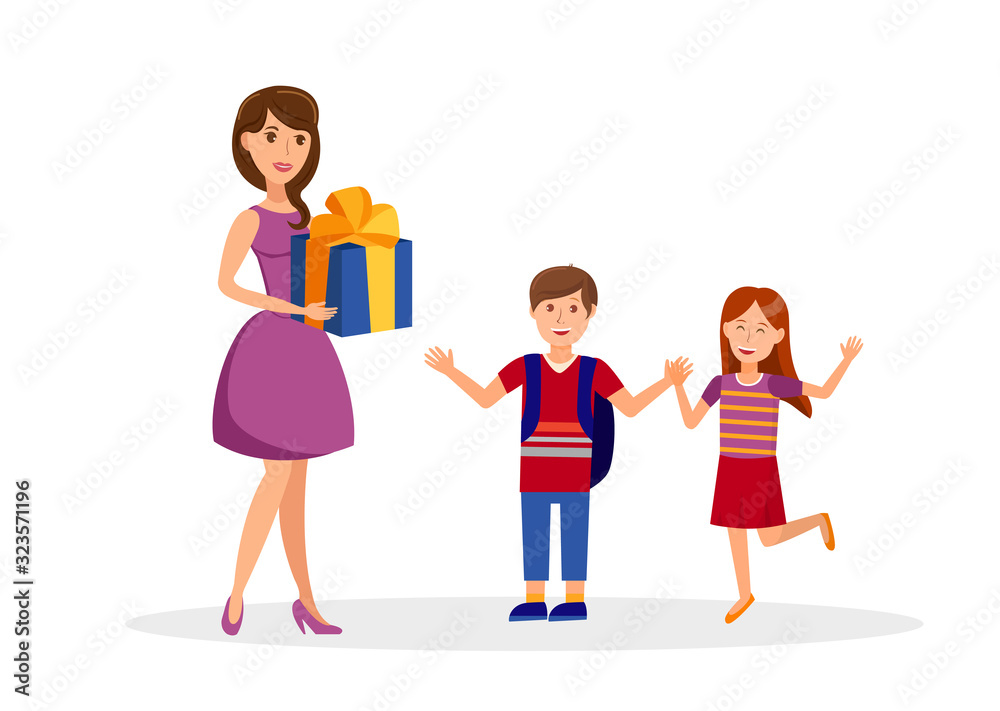 Birthday Surprise, Celebration Flat Illustration. Happy Girl and Boy with Young Mom Cartoon Character Isolated on White Background. Mother Gives Children Gift. Birthday Party Design Element Birthday Surprise, Celebration Flat Illustration. Happy Girl and Boy with Young Mom Cartoon Character Isolated on White Background. Mother Gives Children Gift. Birthday Party Design Element