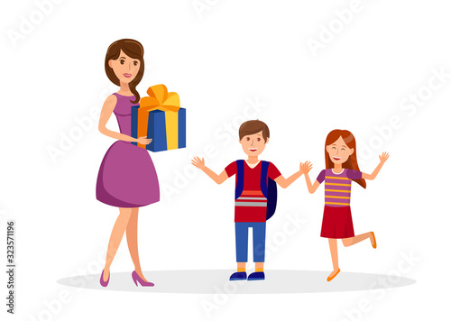 Birthday Surprise  Celebration Flat Illustration. Happy Girl and Boy with Young Mom Cartoon Character Isolated on White Background. Mother Gives Children Gift. Birthday Party Design Element