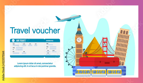 Travel Voucher Website Banner, Page Flat Template. Airlines Flyer, Advertisement. Air Ticket, Boarding Pass Vector Illustration. Famous Landmarks Cartoon Drawing with Text Space. Tourist Attractions