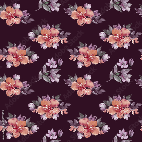 Watercolor hand painted seamless pattern. Autumn flower and leaves on dark background. Perfect for scrapbooking, textile design, fabric, wallpaper, wrapping paper