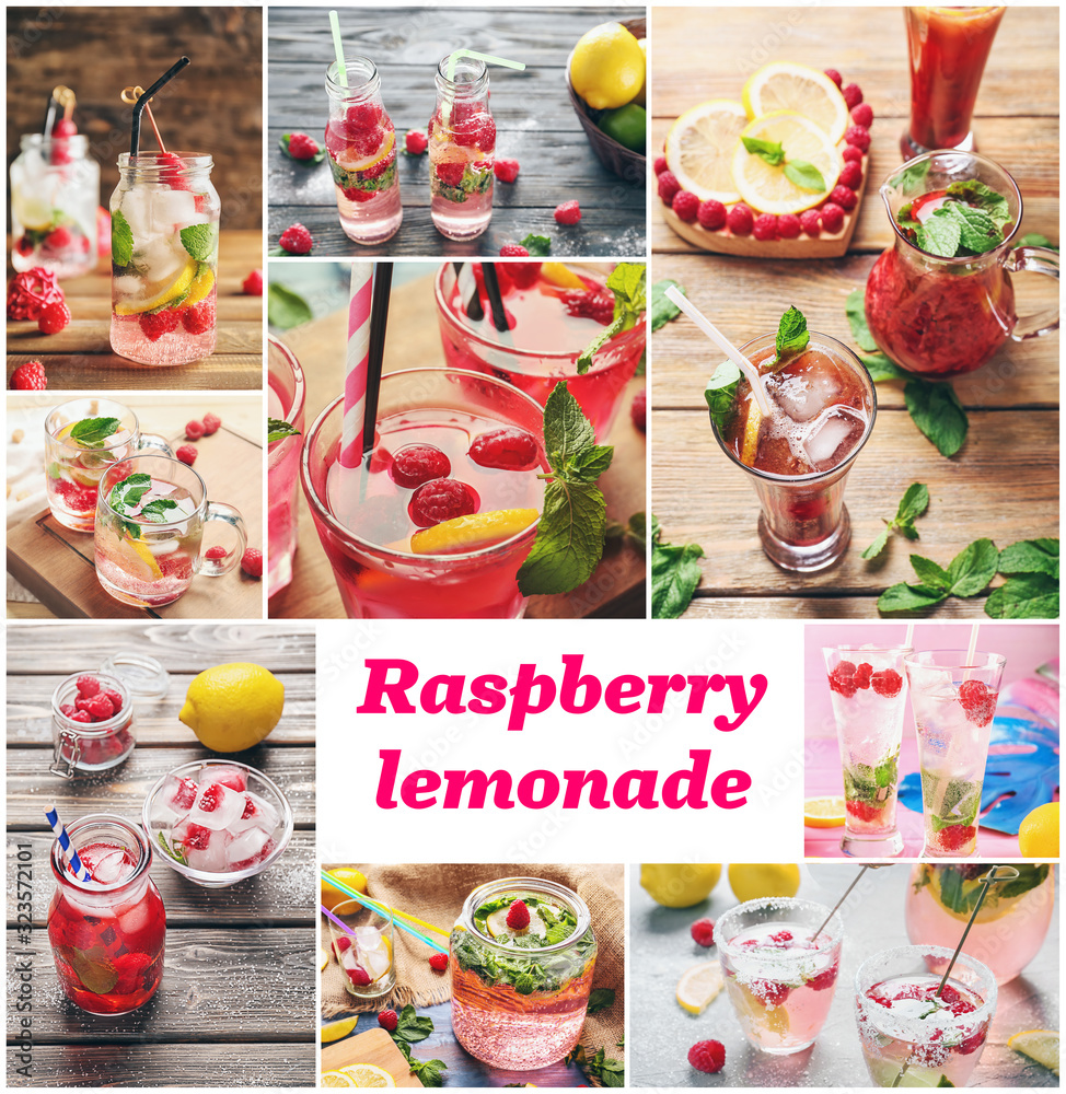 Collage of photos with fresh raspberry lemonade Collage of photos with fresh raspberry lemonade