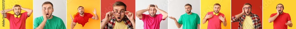 Collage of photos with surprised young man Collage of photos with surprised young man