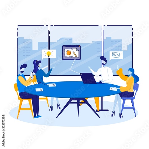 Informational Poster Coordination and Motivation. Banner Organization Marketing Activities. Men and Women Sit at Round Table and Discuss Work Processes Cartoon. Vector Illustration.