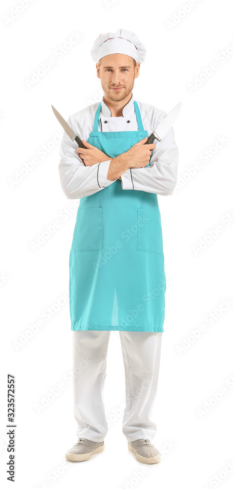 Handsome male chef knives on white background Handsome male chef knives on white background