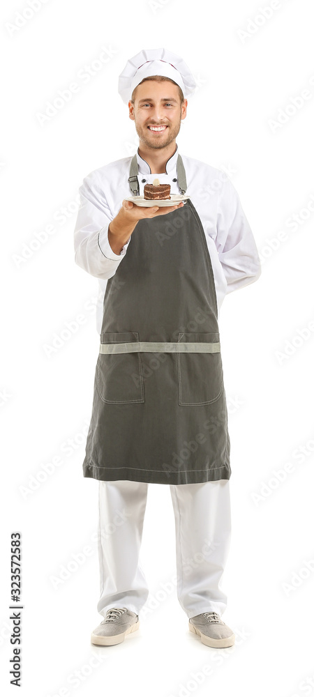 Happy male chef with piece of cake on white background