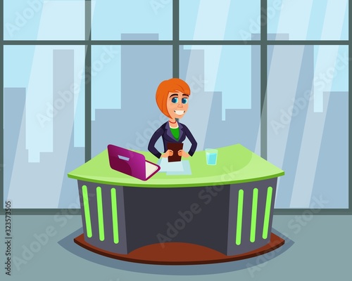 Cartoon Broadcasting Woman Character TV Breaking News Presenter. Female Reporter Sitting at Desk with Laptop and Notebook. Smiling Newsreader. Atractive Anchorman. Vector Flat Illustration