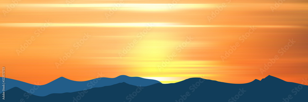 Obraz premium Fantasy on the theme of the morning landscape, sunrise in the mountains, panoramic view, vector illustration