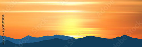 Fantasy on the theme of the morning landscape, sunrise in the mountains, panoramic view, vector illustration