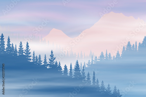 Fantasy on the theme of the morning landscape, sunrise in the mountains. Coniferous forest in the fog, vector illustration.