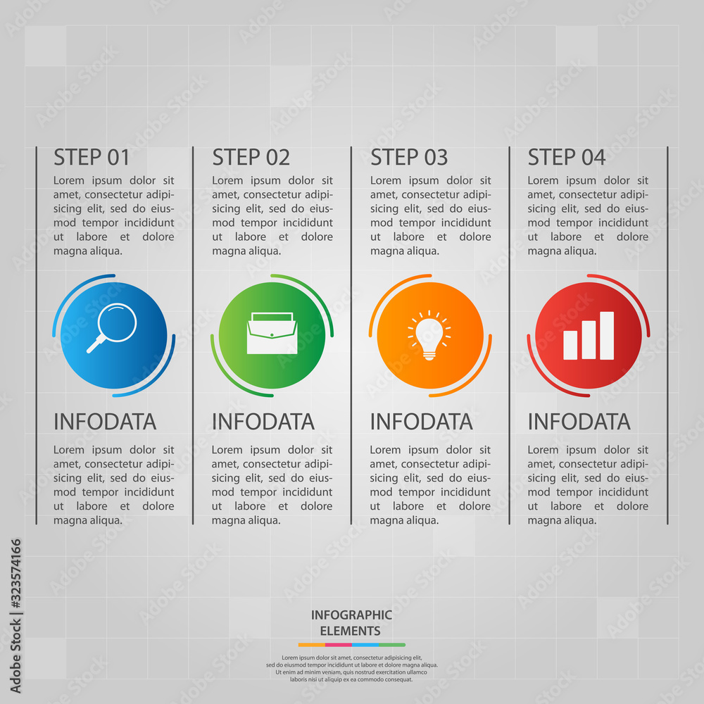 Fototapeta premium Infographic elements. Business concept timeline. Modern infograph template with four steps. Can use for workflow layout, diagram, banner, webdesign, presentation. Vector illustration.