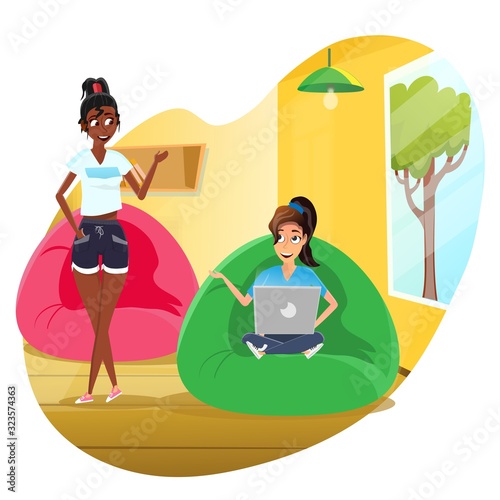 Bright Flyer, Chat Roommates Girls on Holidays. Girlfriends Discuss something While one them Performs Home Task on Laptop. Room Equipped with Stylish Armchairs, Bookshelf and Bright Light.