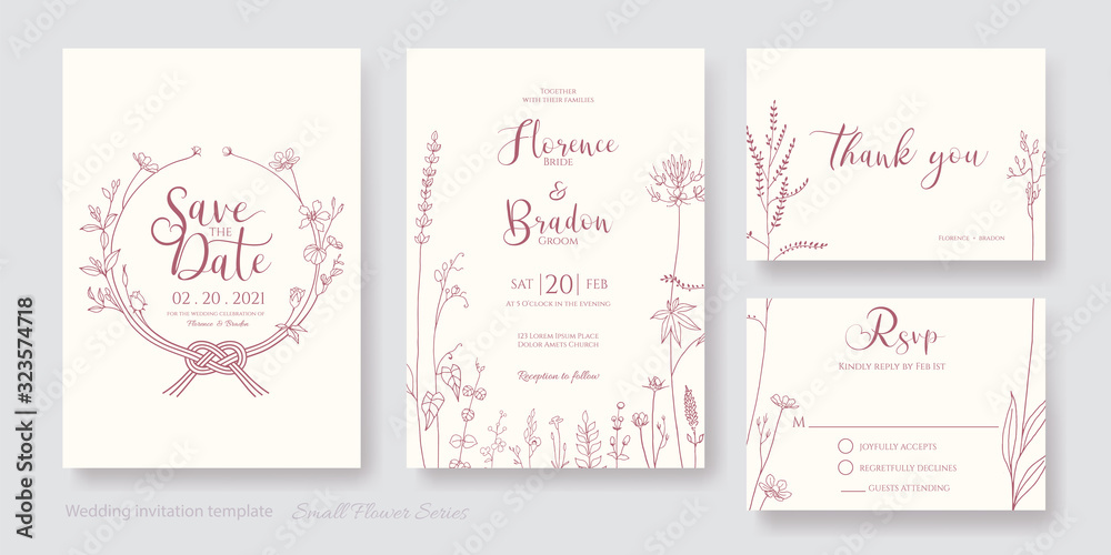 Set of floral wedding Invitation card, save the date, thank you, rsvp template. Vector. Flower line art.