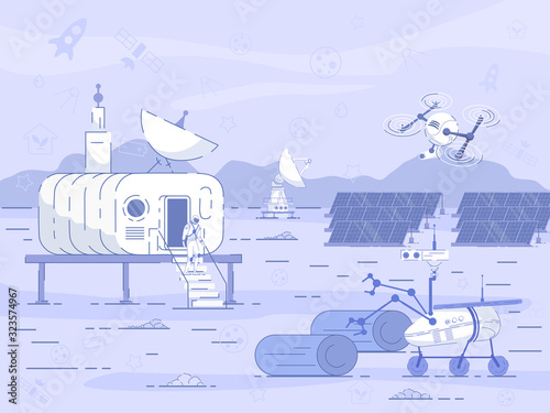 Bright Banner Premises During Colonization Planet. Construction Research Bases Outside Earth, on Other Planets. Astronaut Leaves Room, Drone Loads Logs Cartoon. Vector Illustration.