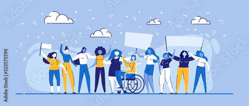 Girl Power Vector Illustration. Cartoon Women Different Race, Body Type, Standing with Streamer. Feminist Movement Demonstration. Multiethnic Multiracial Diversity Equality. Feminism Rights Fight
