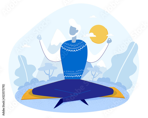 Cartoon Old Aged Man Meditating on Fresh Air in Park. Bearded Grey-Haired Senior Male Character Practicing Yoga Exercise. Harmony and Balance. Healthy Lifestyle, Mindfulness Vector Flat Illustration