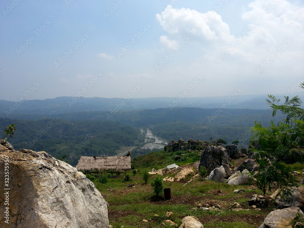 View of landscape and small hut in the stone mountain