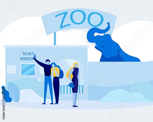 Cartoon People Relaxing and Having Fun at Zoo. Girlfriend and Boyfriend Taking Selfie on Smartphone. Huge Elephant behind Fence. Flat Ticket Window Box. Leisure and Recreation. Vector Illustration