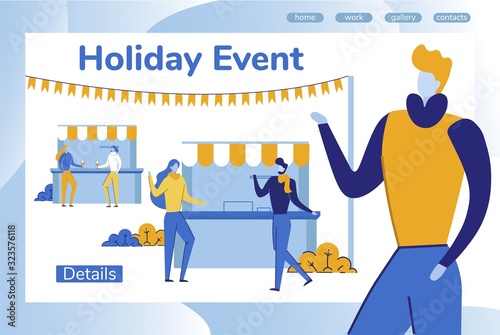 Holiday Event, Trade Fair Flat Cartoon Banner Vector Illustration. Man and Woman Buying and Drinking Alcohol in Boothes. Christmas Season, Having Fun Outdoor. Advertising Landing Page.