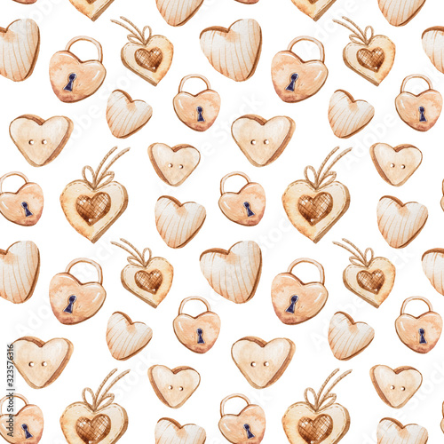 Watercolor hand painted seamless pattern. Cute objects in shape of hearts on white background. Perfect for scrapbooking, textile design, fabric, wallpaper, wrapping paper.
