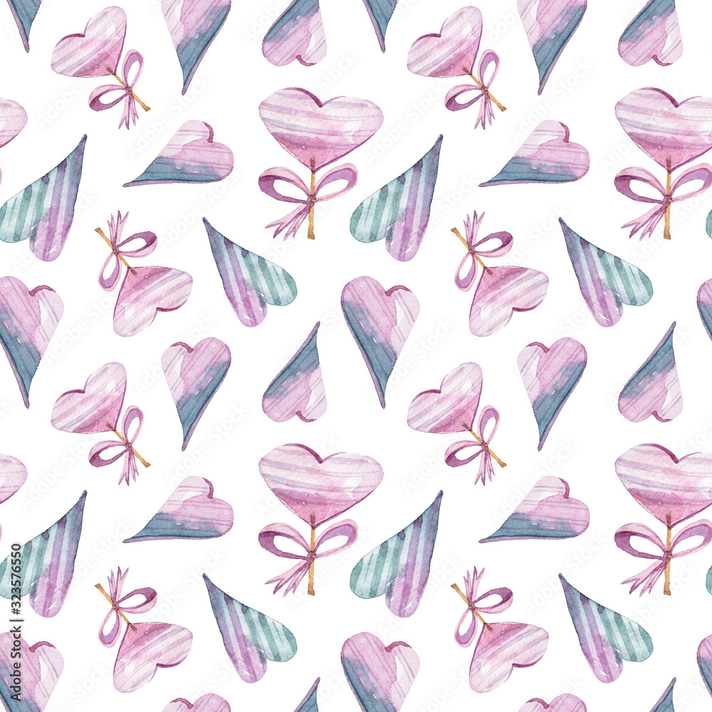 Watercolor hand painted seamless pattern. Cute blue hearts on white background. Perfect for scrapbooking, textile design, fabric, wallpaper, wrapping paper.