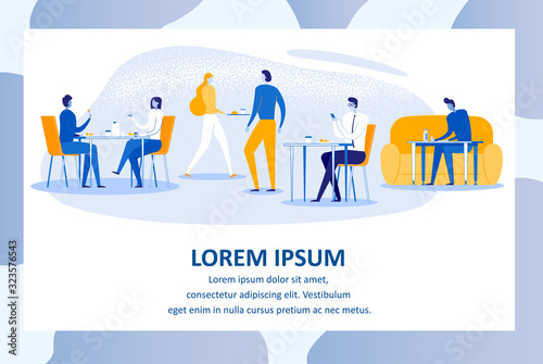 Catering Industry Flat Banner Vector Template. Young Adults, Cafe Visitors Enjoying Delicious Meals Cartoon Characters. Public Place, Food Court, Cafe Restaurant Poster Concept with Text Space